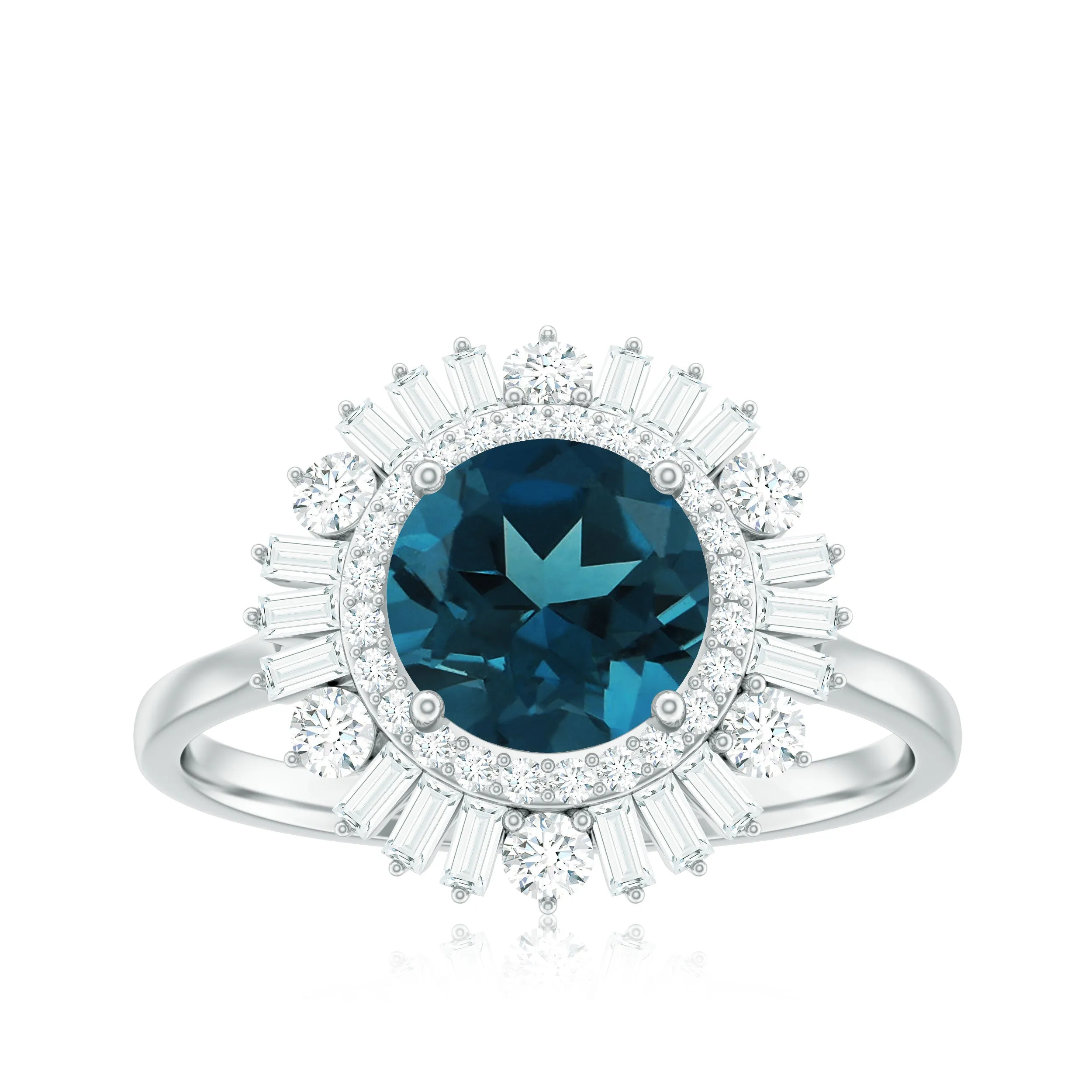 Round London Blue Topaz Cocktail Ring with Diamond Double Halo