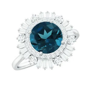 Round London Blue Topaz Cocktail Ring with Diamond Double Halo