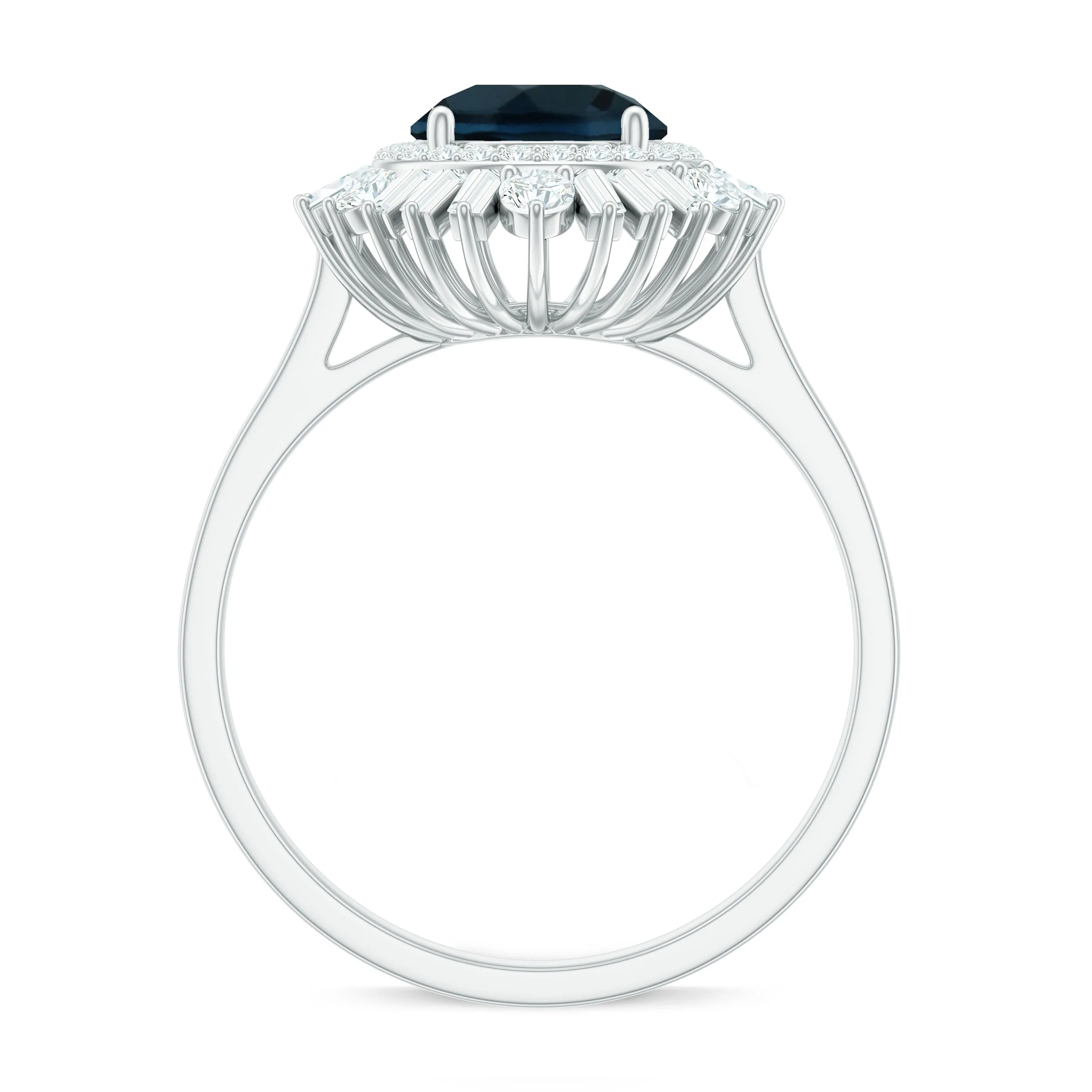 Round London Blue Topaz Cocktail Ring with Diamond Double Halo