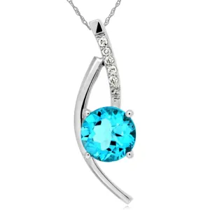 Round Swiss Blue Topaz Crossover Pendant Necklace with Pave Diamonds in White Gold