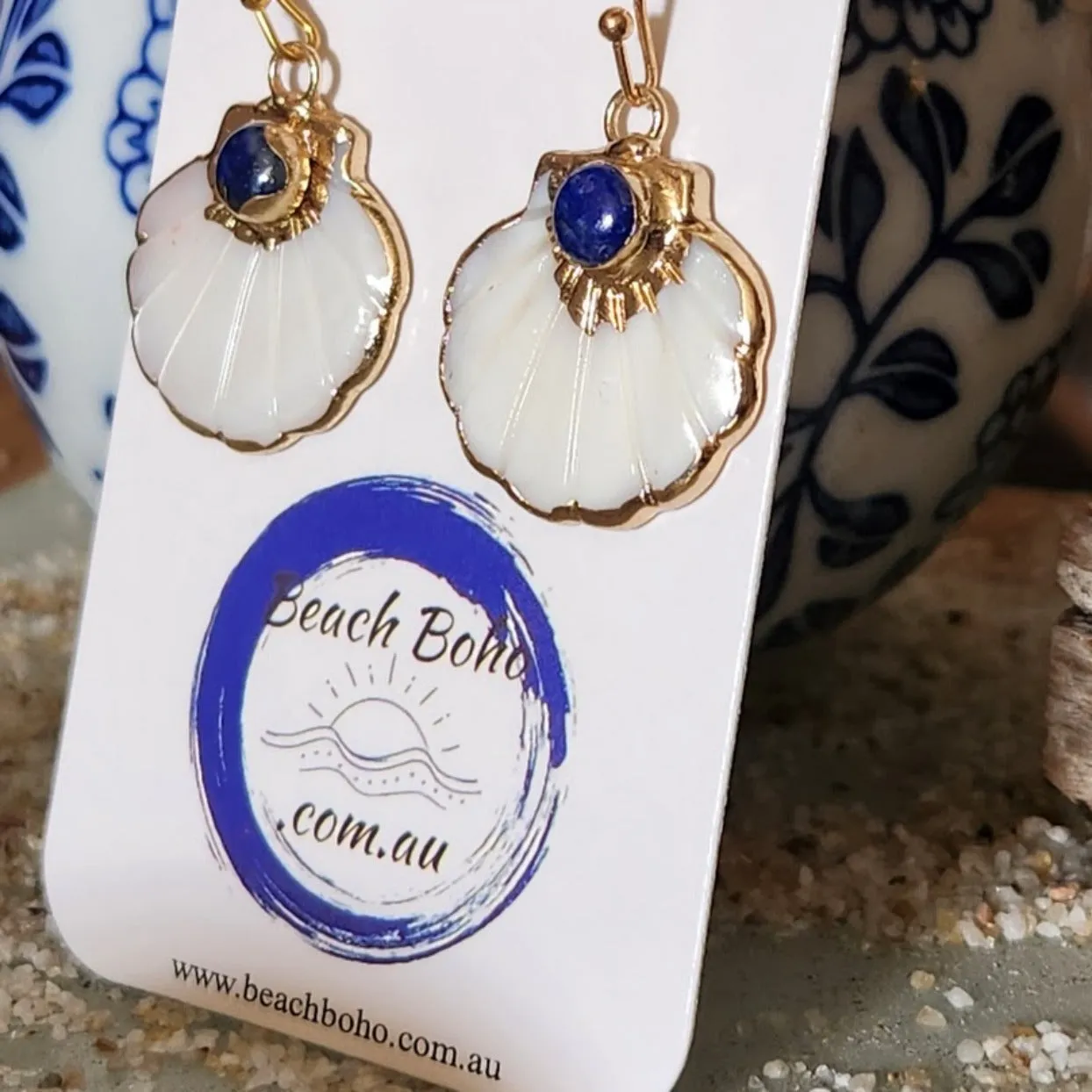 ROYAL BLUE WAVES - CARVED SHELL ELECTROPLATED HOOK EARRINGS