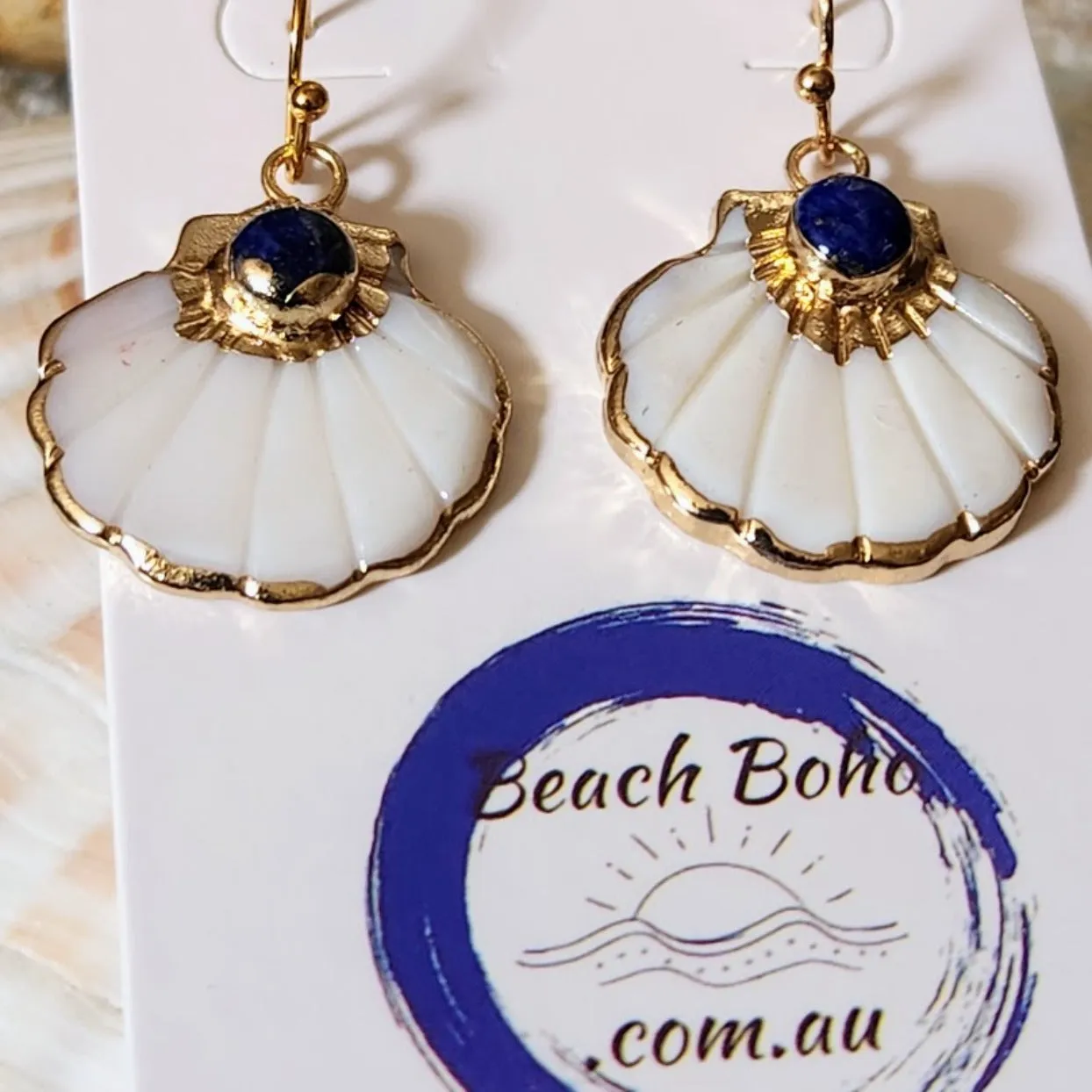 ROYAL BLUE WAVES - CARVED SHELL ELECTROPLATED HOOK EARRINGS