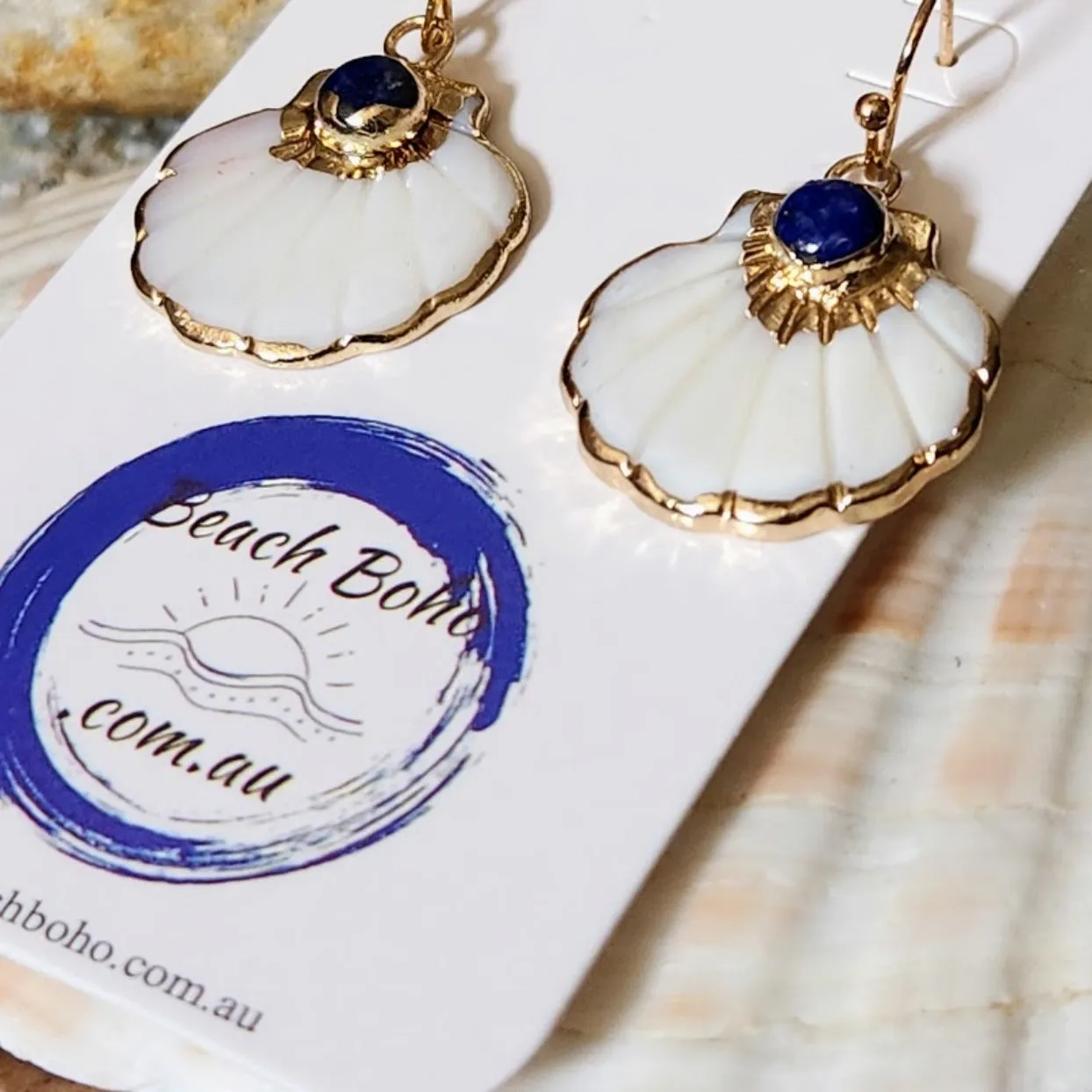 ROYAL BLUE WAVES - CARVED SHELL ELECTROPLATED HOOK EARRINGS