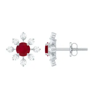 Ruby and Diamond Flower Stud Earrings