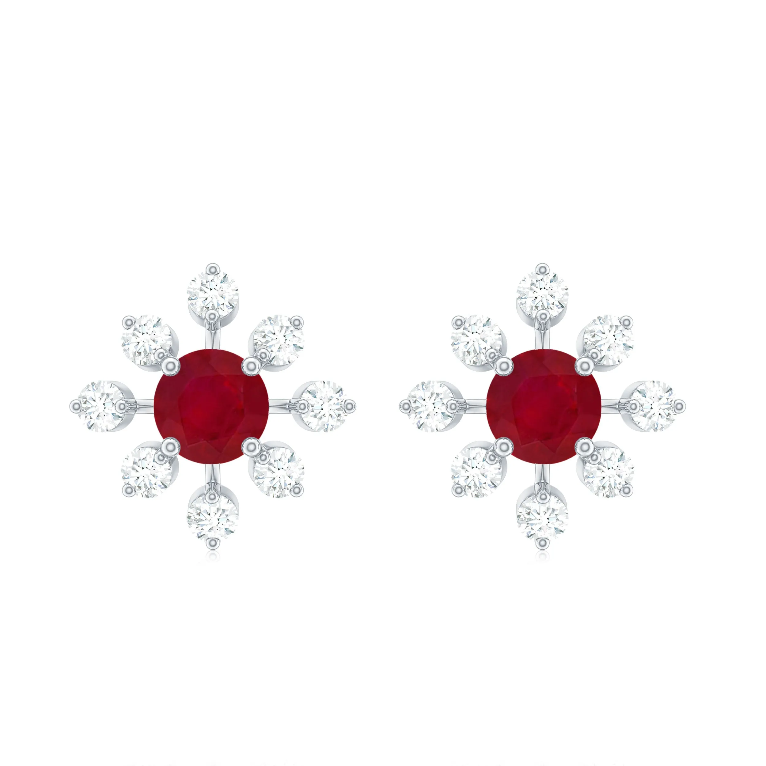 Ruby and Diamond Flower Stud Earrings