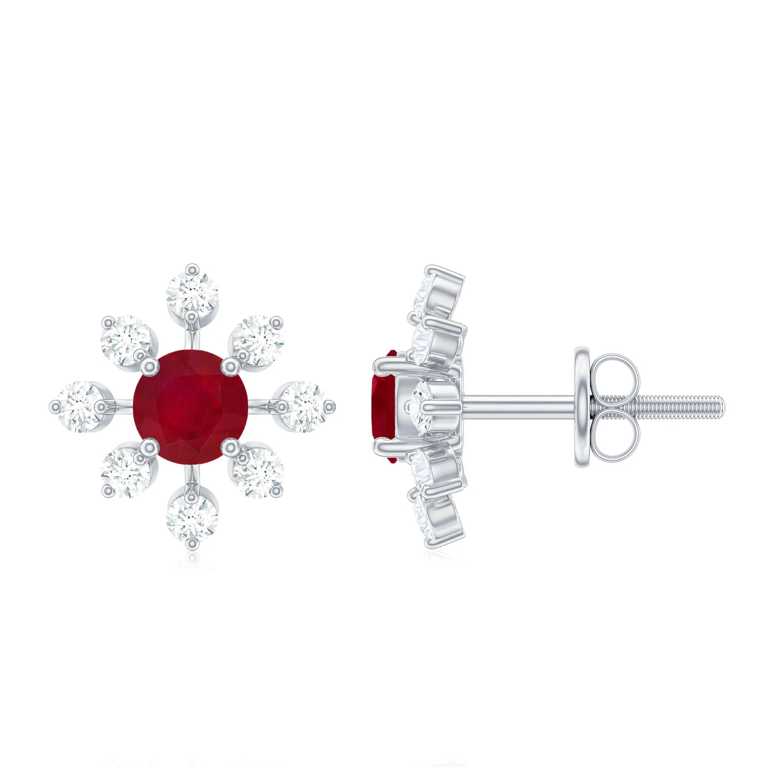 Ruby and Diamond Flower Stud Earrings