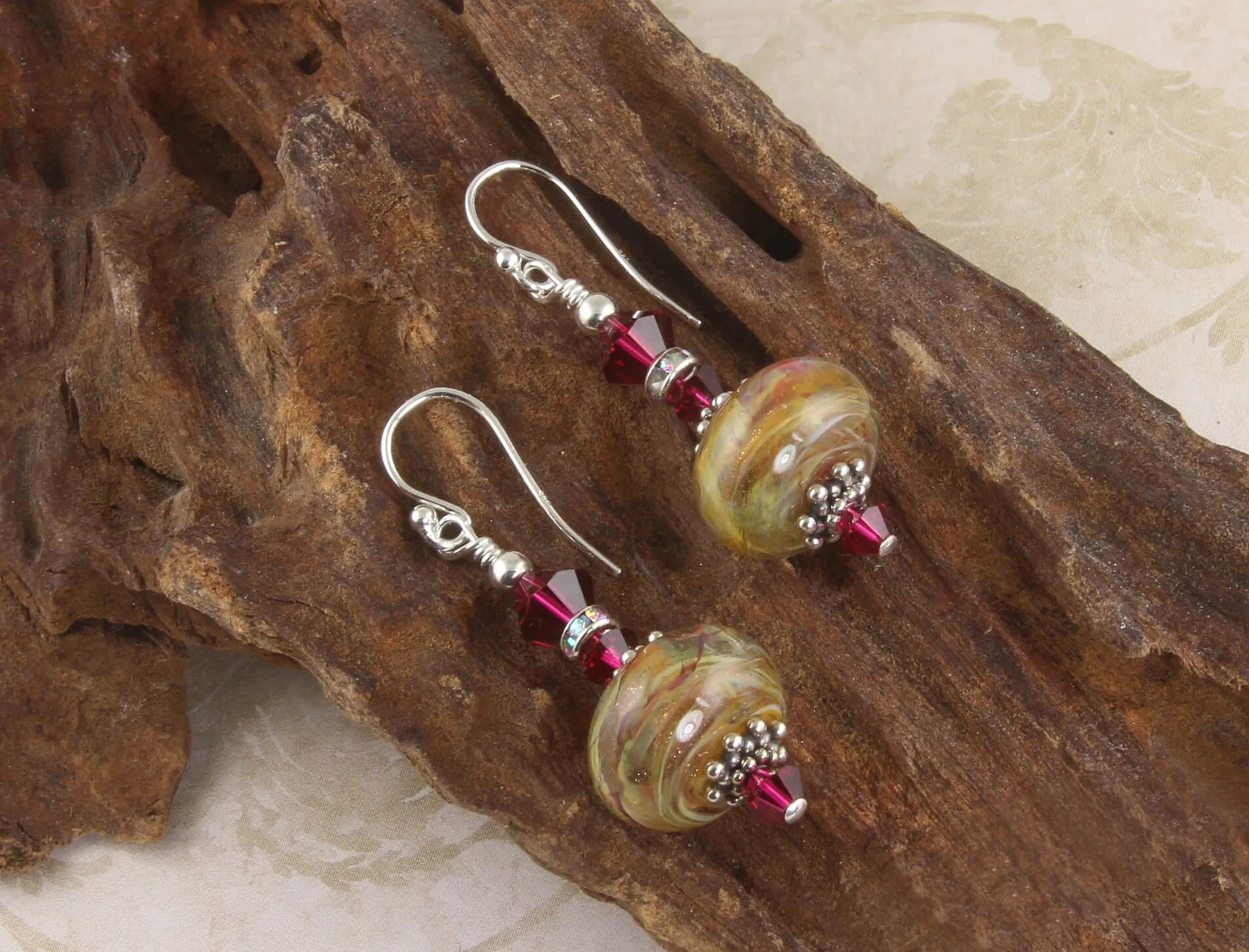 Ruby Golden Swirls Lampwork Earrings