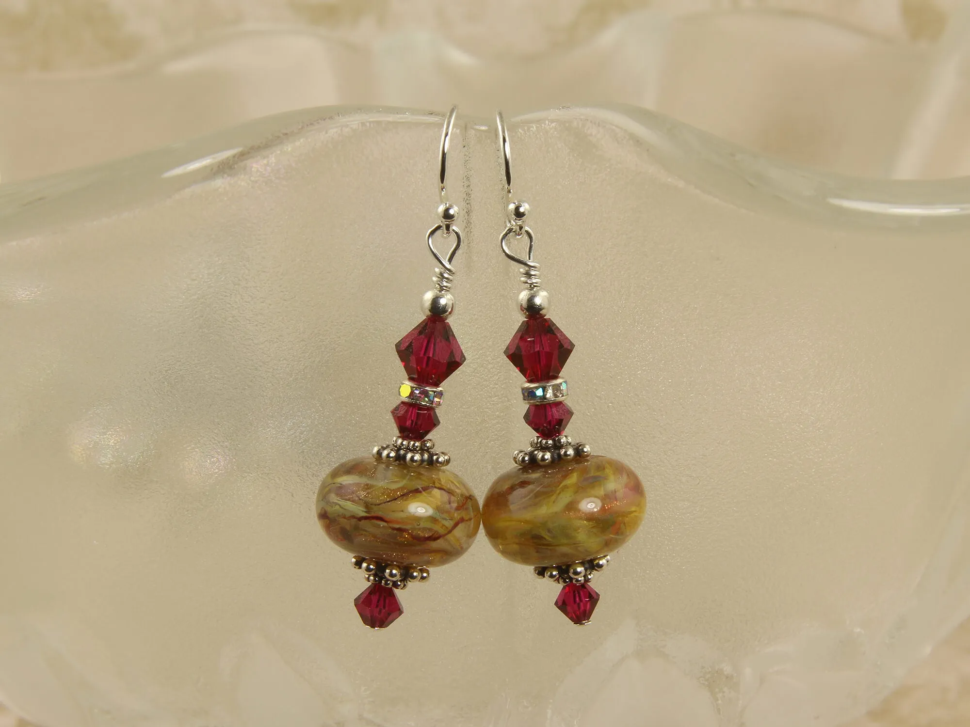 Ruby Golden Swirls Lampwork Earrings