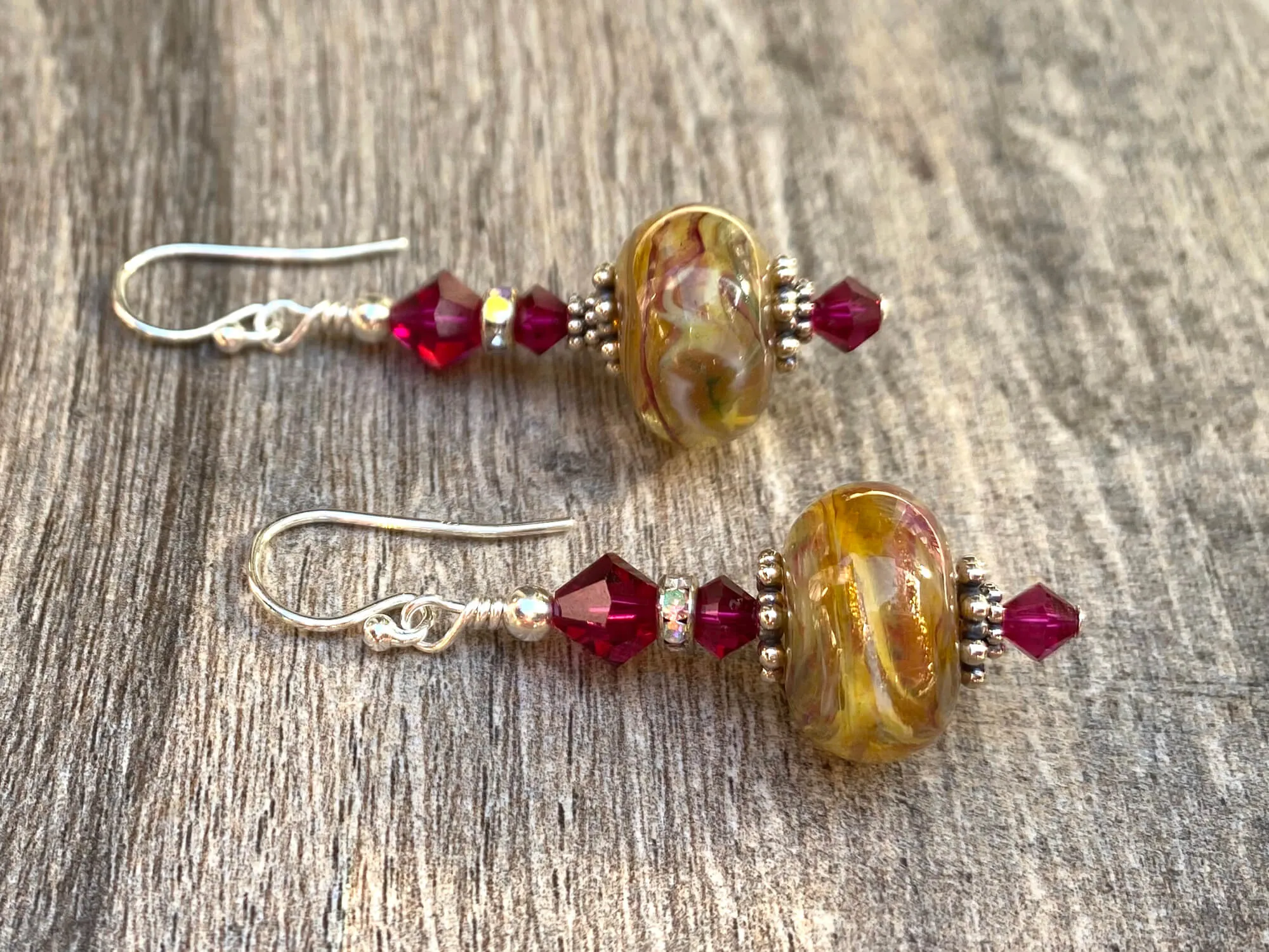 Ruby Golden Swirls Lampwork Earrings