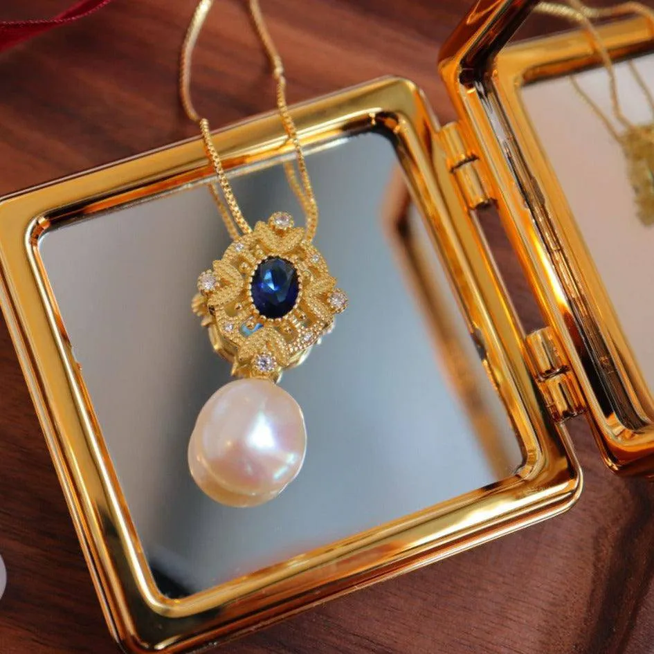 Sapphire Vintage Baroque Pearls Necklace Gold Vermeil