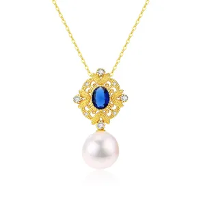 Sapphire Vintage Baroque Pearls Necklace Gold Vermeil