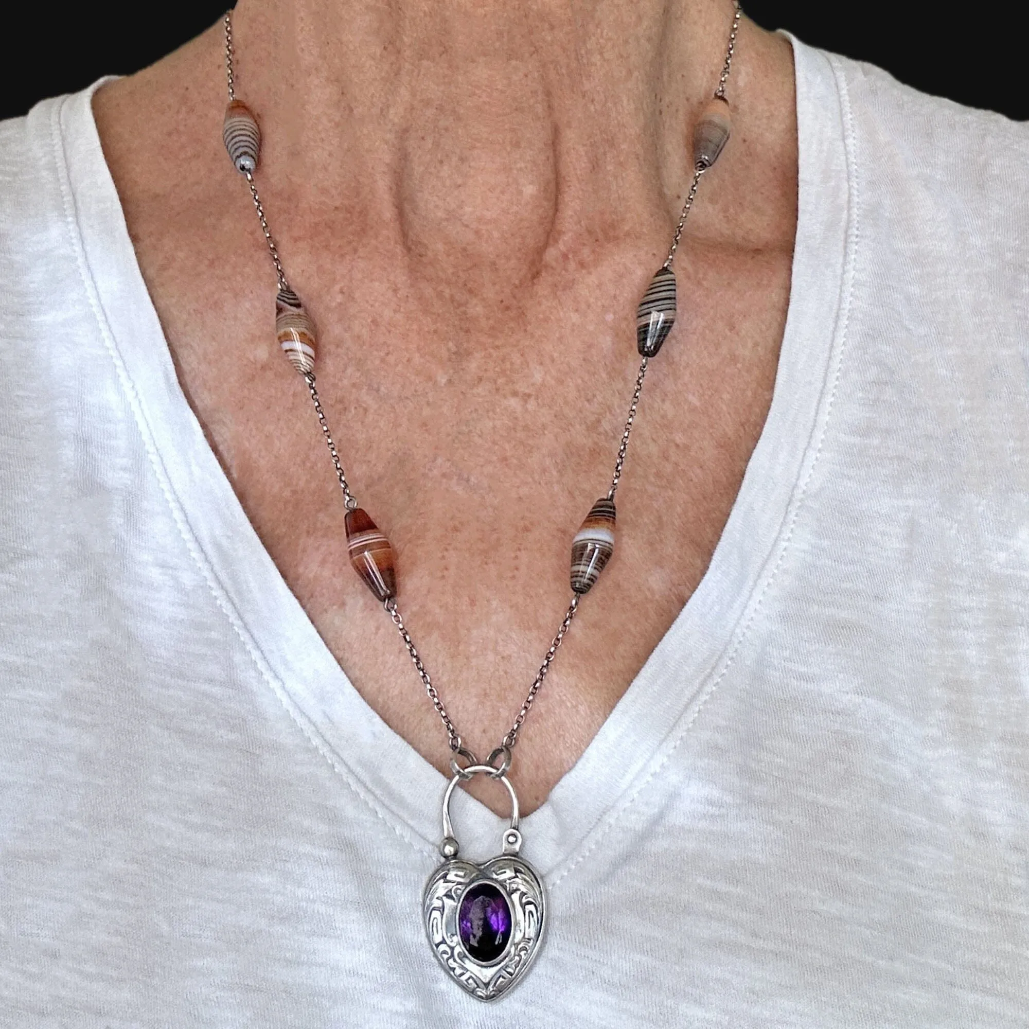 Scottish Banded Agate Amethyst Heart Padlock Necklace