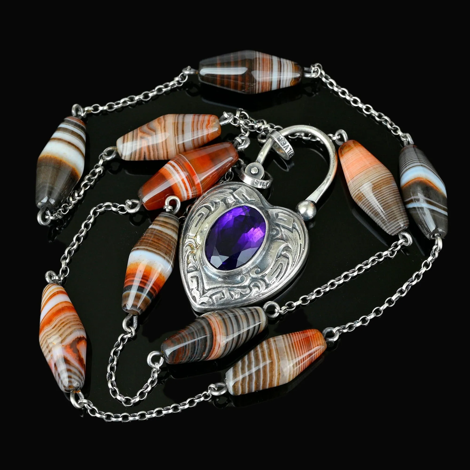 Scottish Banded Agate Amethyst Heart Padlock Necklace