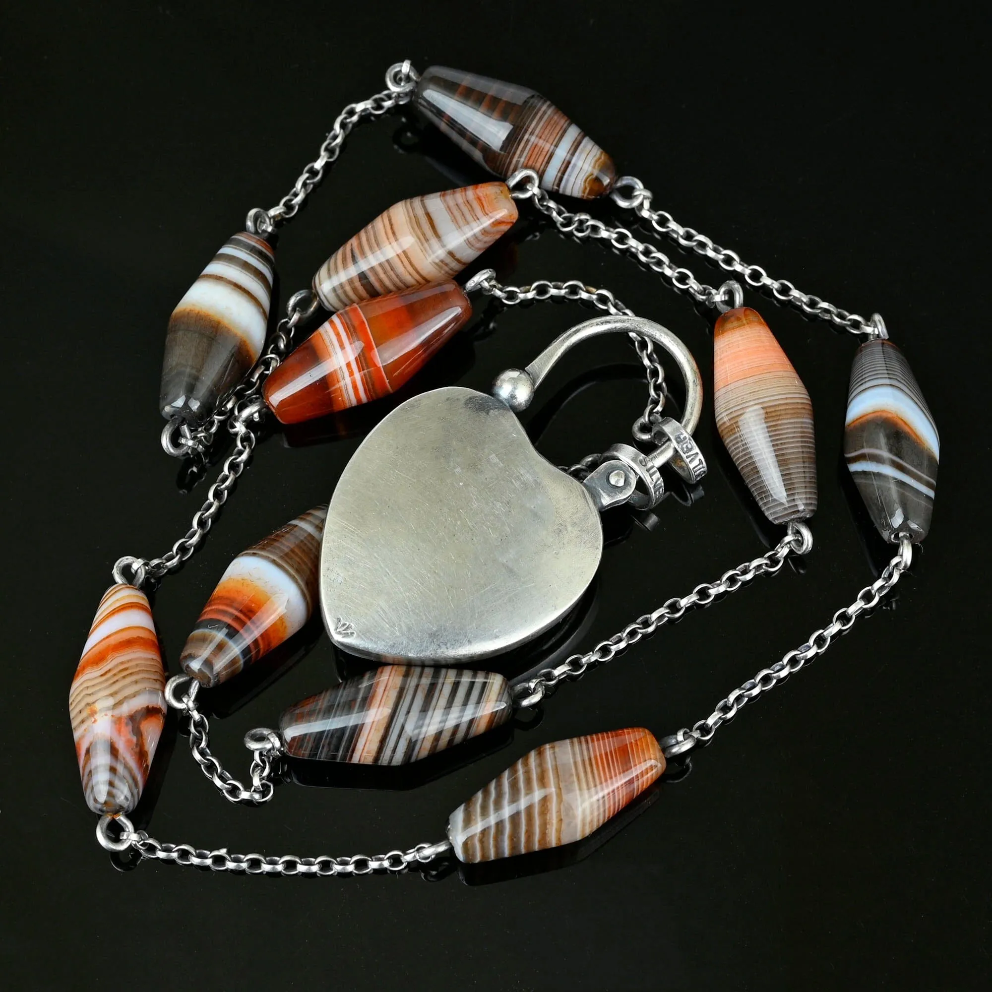 Scottish Banded Agate Amethyst Heart Padlock Necklace