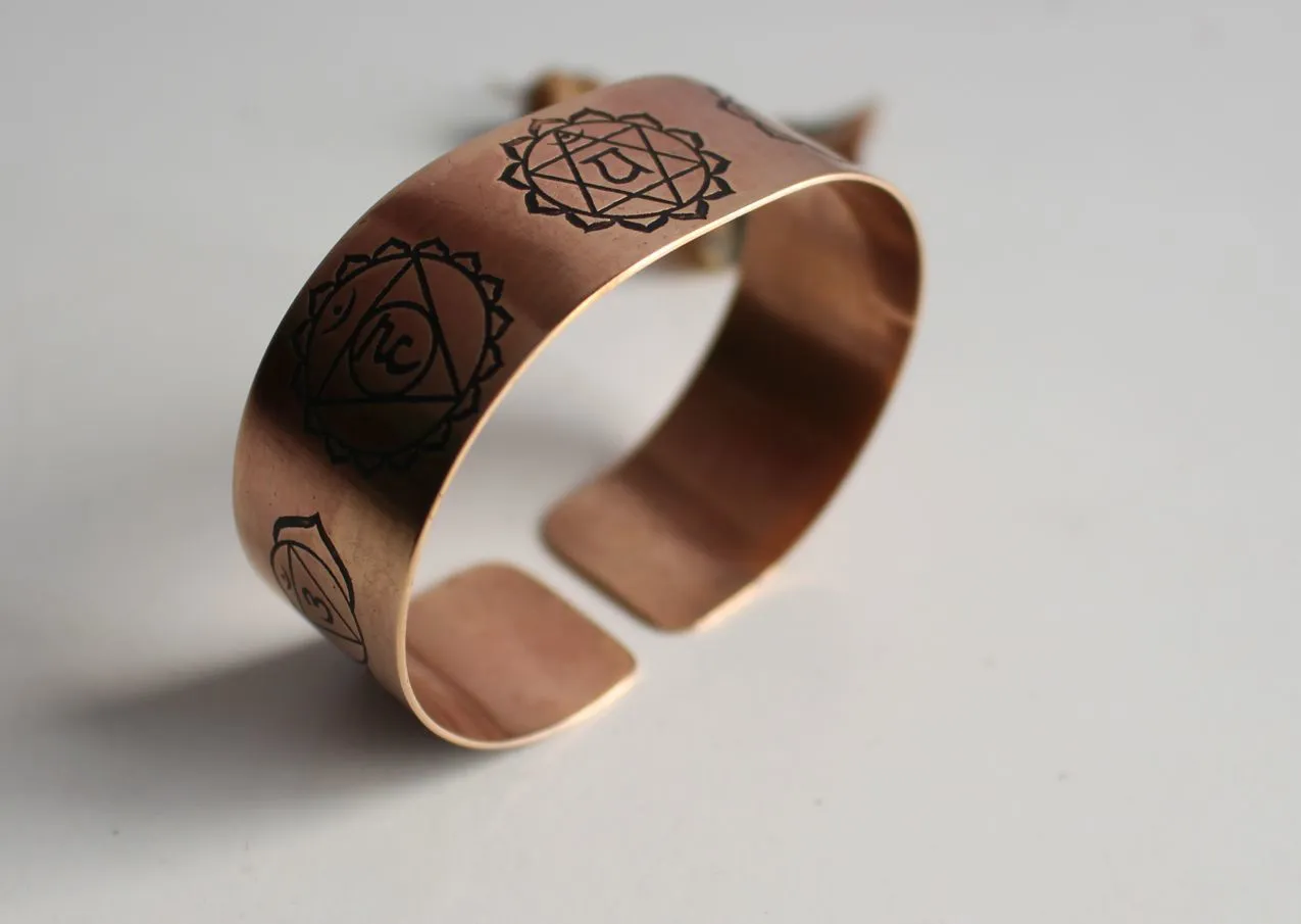 Seven Chakra Carved Healing Copper Cuff Bangle