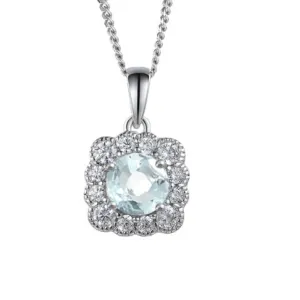 Silver Aquamarine and CZ square cluster pendant