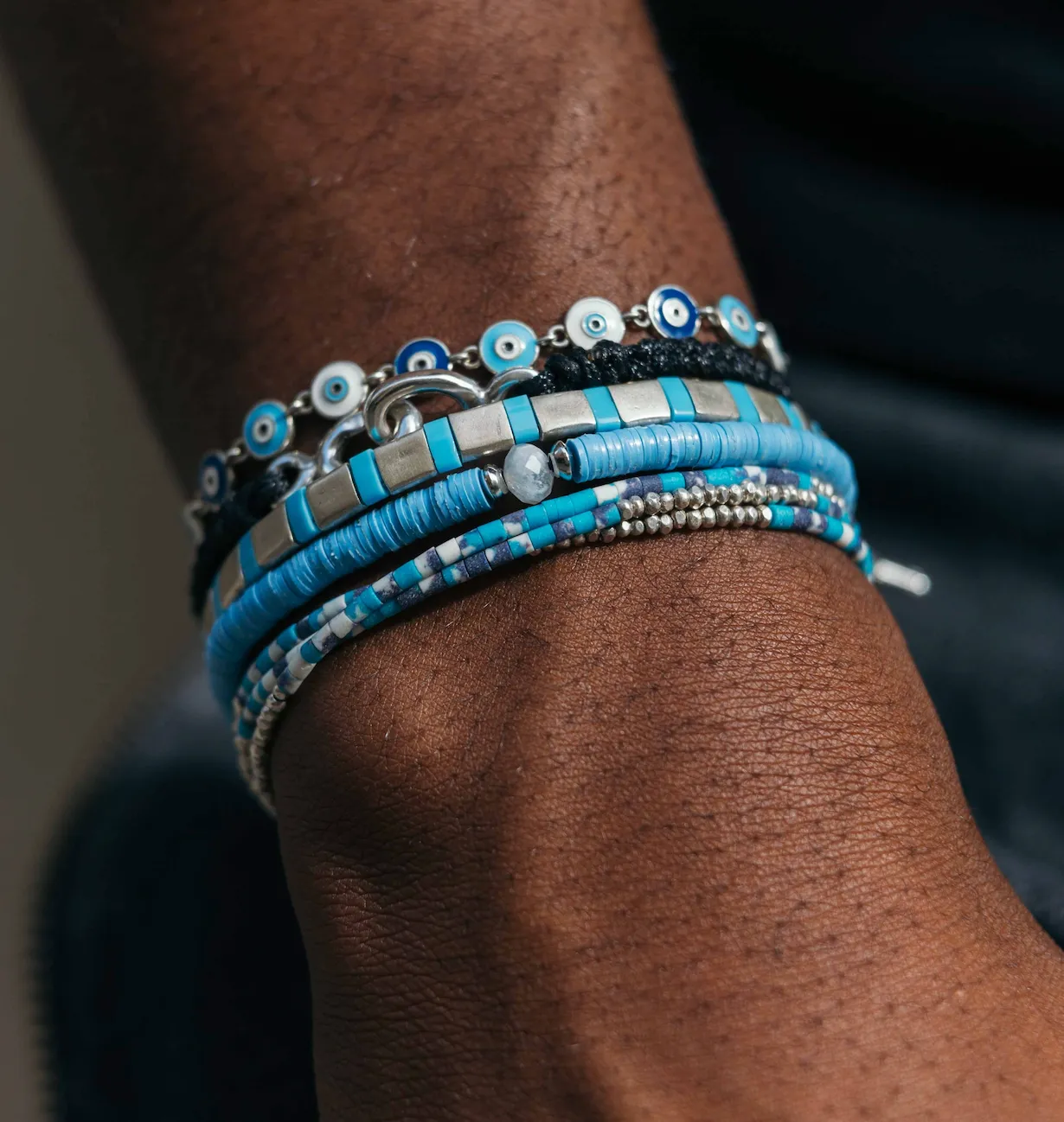 Silver Bracelet With Hand-Forged Tila Beads (Light Blue)