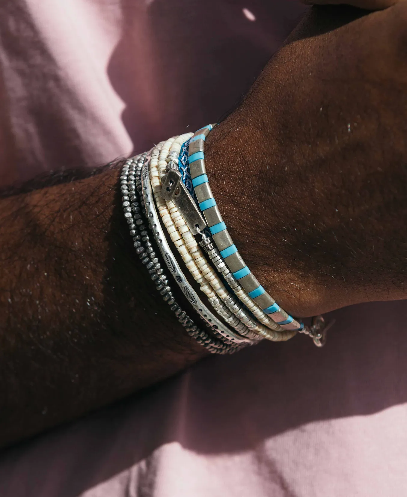 Silver Bracelet With Hand-Forged Tila Beads (Light Blue)