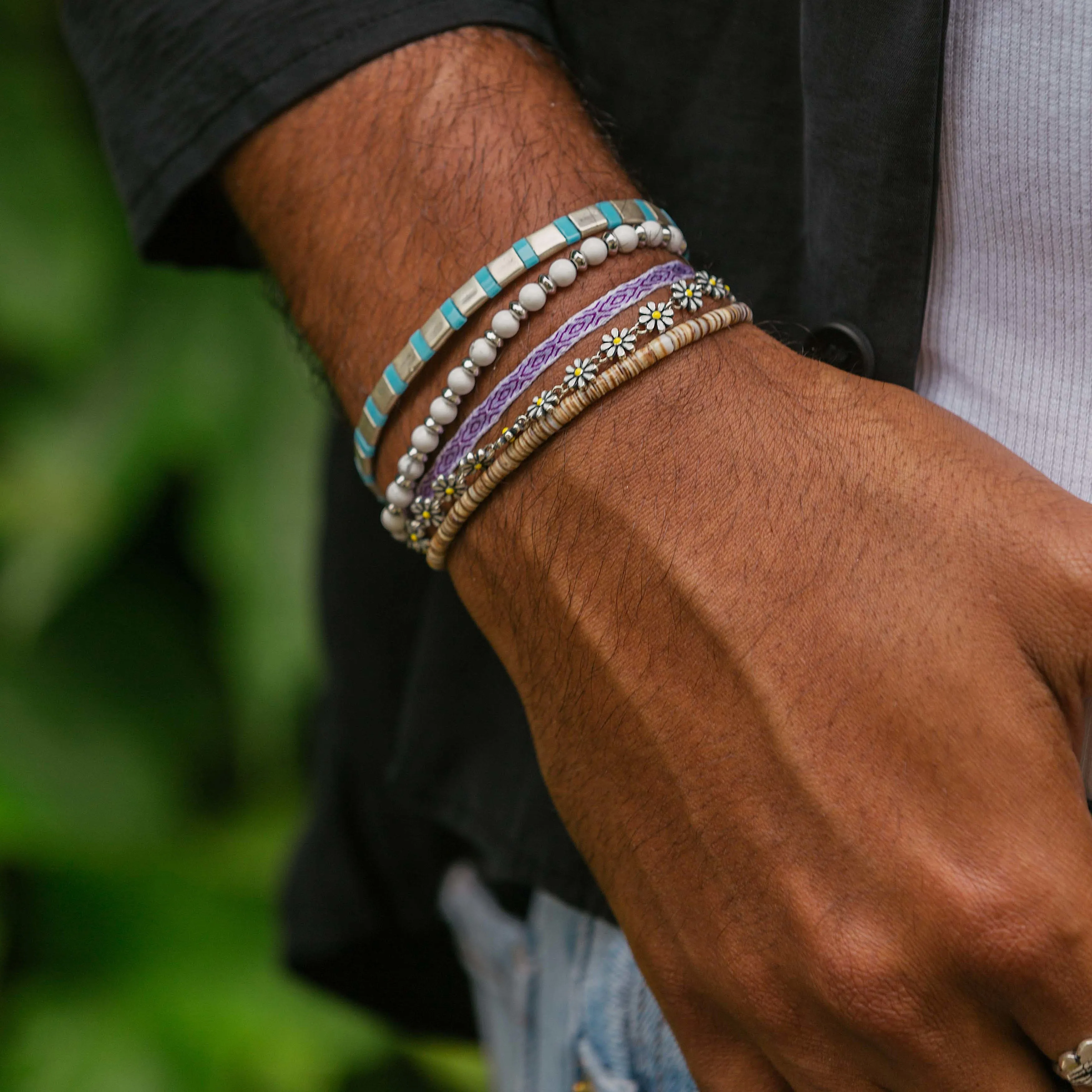 Silver Bracelet With Hand-Forged Tila Beads (Light Blue)