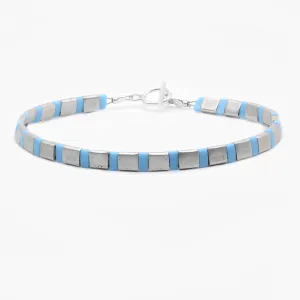 Silver Bracelet With Hand-Forged Tila Beads (Light Blue)