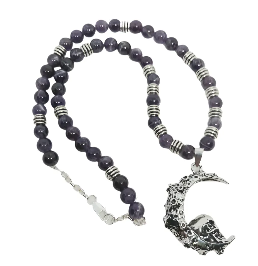 Skull in Moon Necklace with Dream Amethyst Crystal