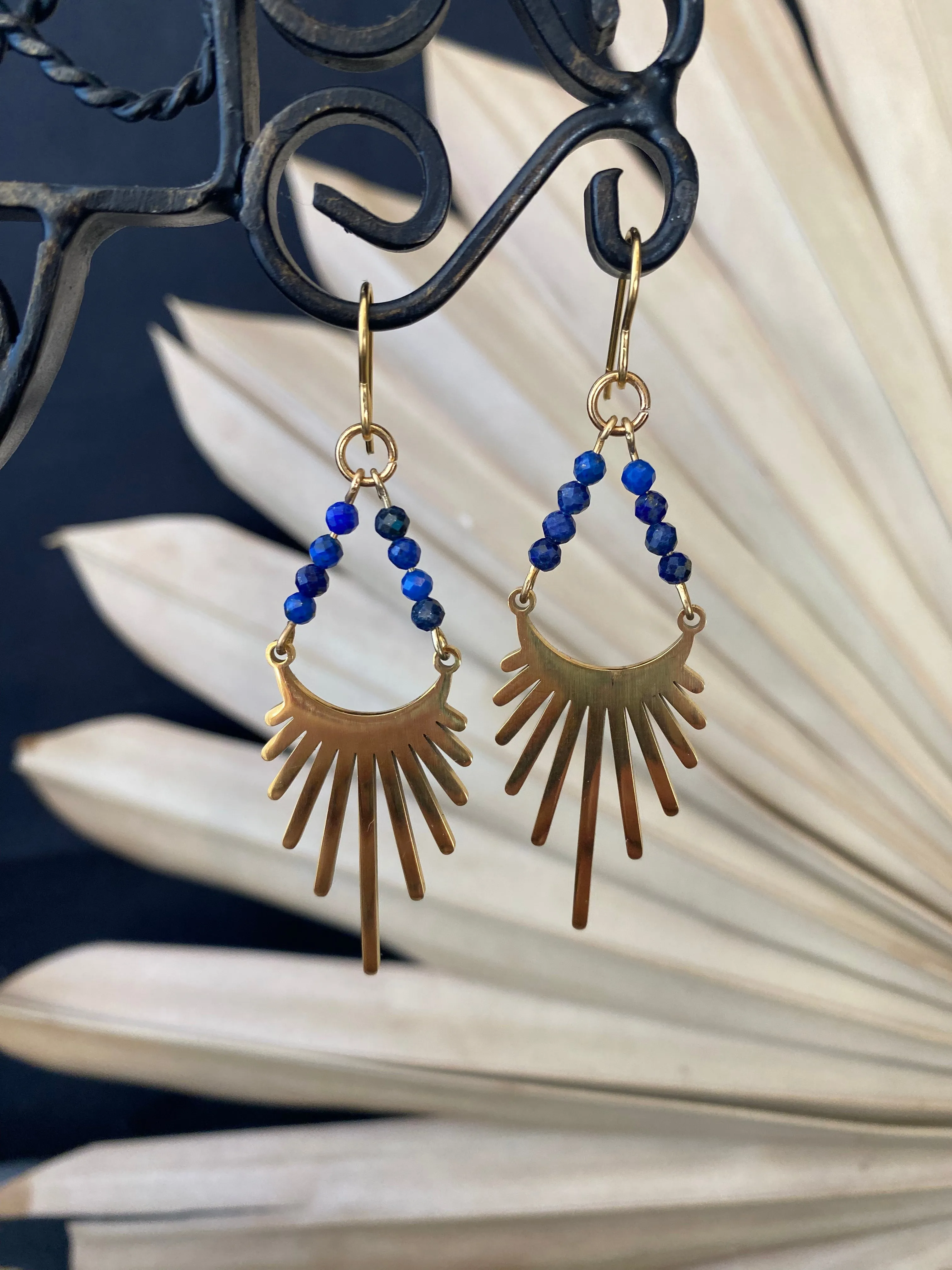 Starburst ray gold metal charms, lapis lazuli stone, earrings