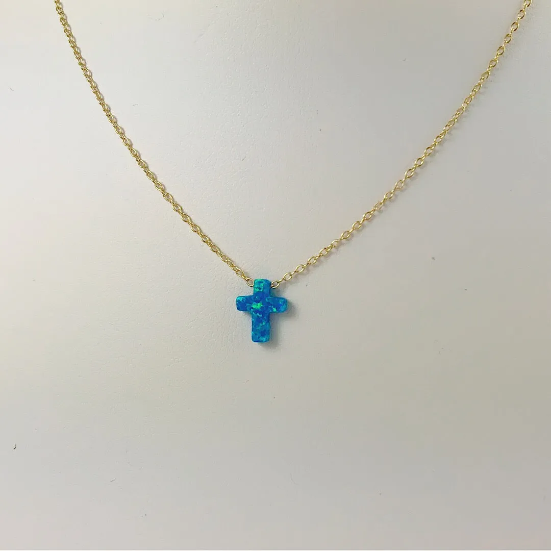 Sterling Silver Blue Moon Cross Opal Necklace