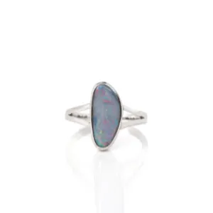 Sterling Silver Oval Australian Black Opal Bezel Set Ring