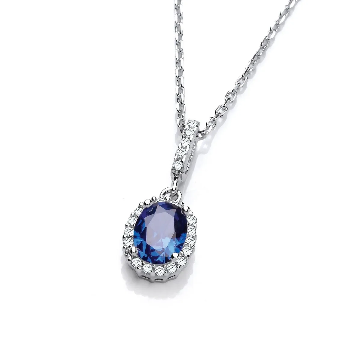 Sterling Silver Oval Halo Blue Sapphire CZ Necklace