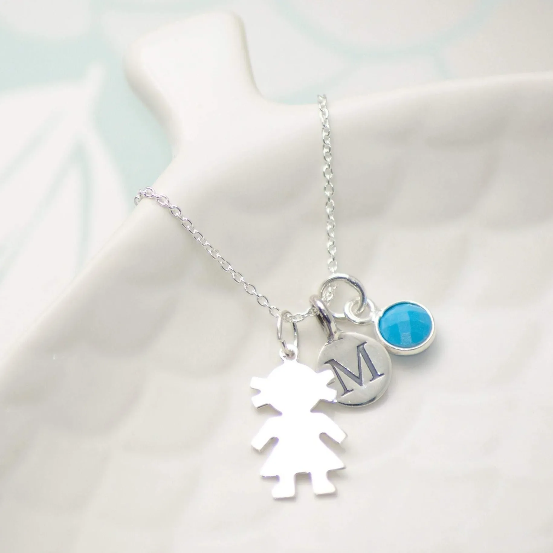 Sterling Silver Personalised Initial and Gemstone Girl Necklace