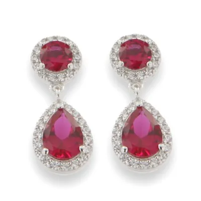 Sterling Silver Ruby CZ Halo Drop Earrings