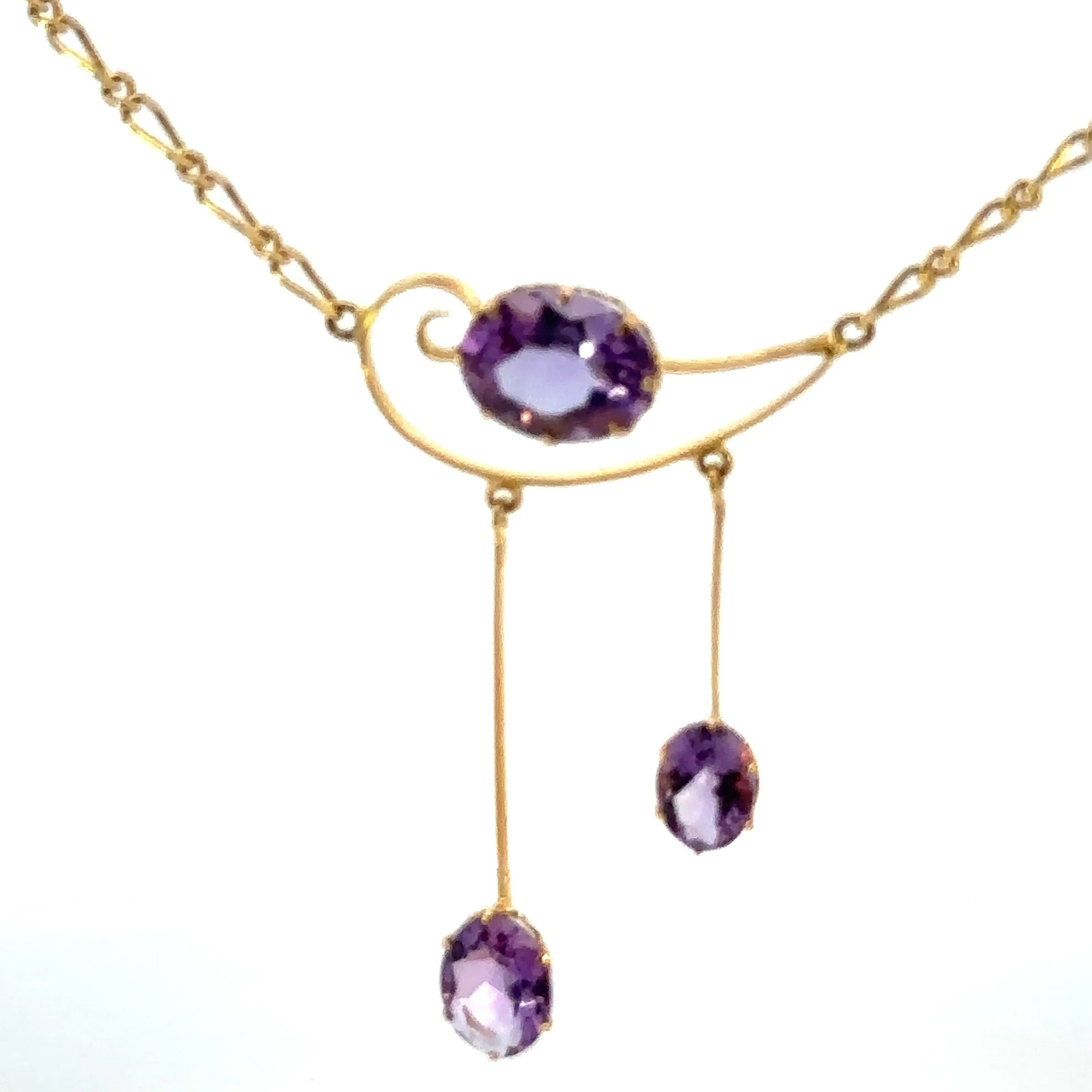 Stunning Antique 9ct Yellow Gold 3 stone Amethyst Necklet