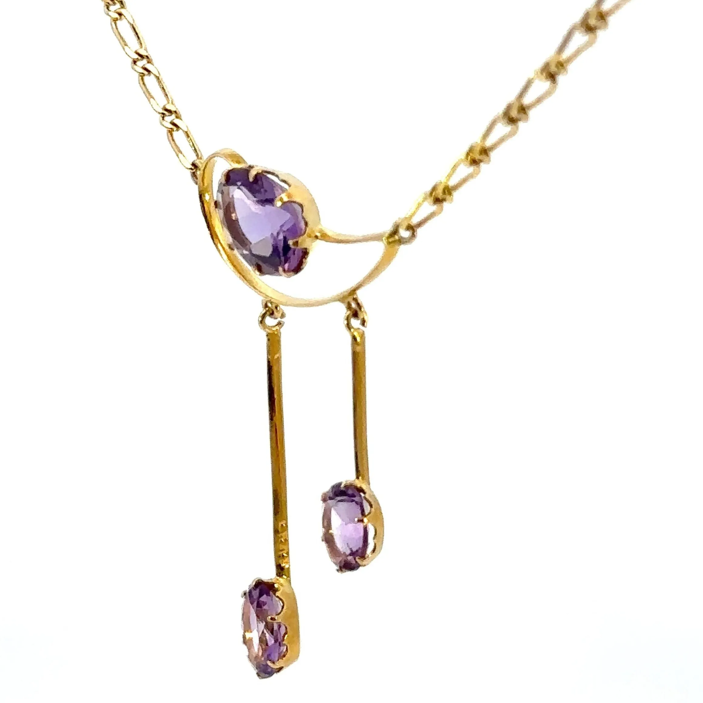 Stunning Antique 9ct Yellow Gold 3 stone Amethyst Necklet