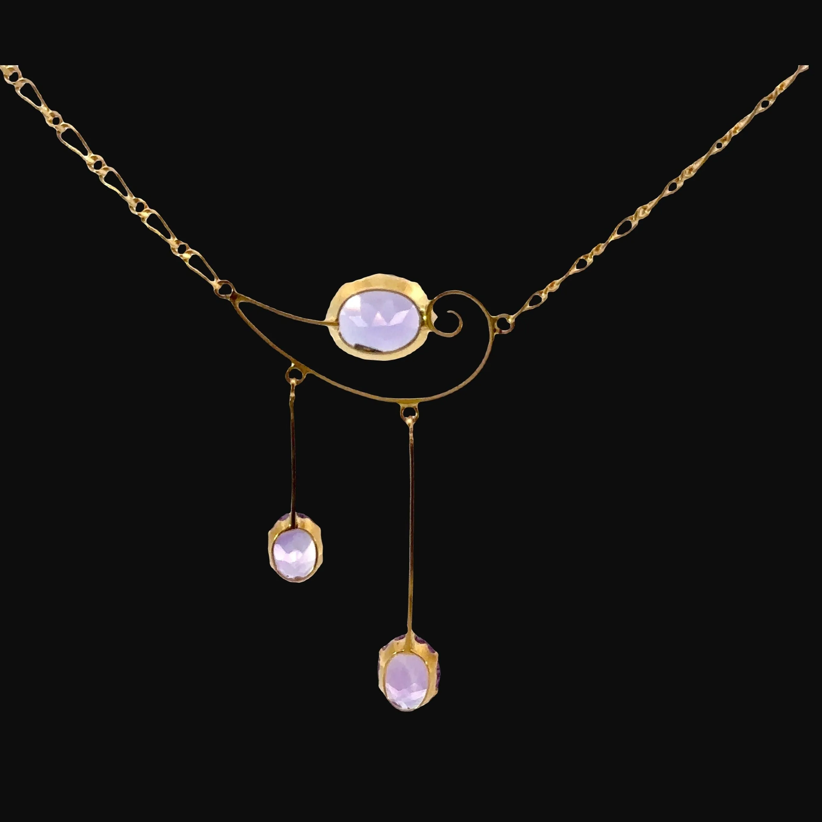 Stunning Antique 9ct Yellow Gold 3 stone Amethyst Necklet