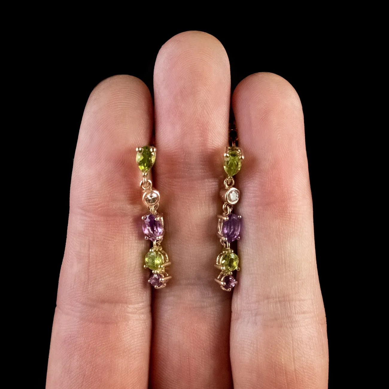 Suffragette Drop Earrings Amethyst Peridot Diamond 9Ct Gold