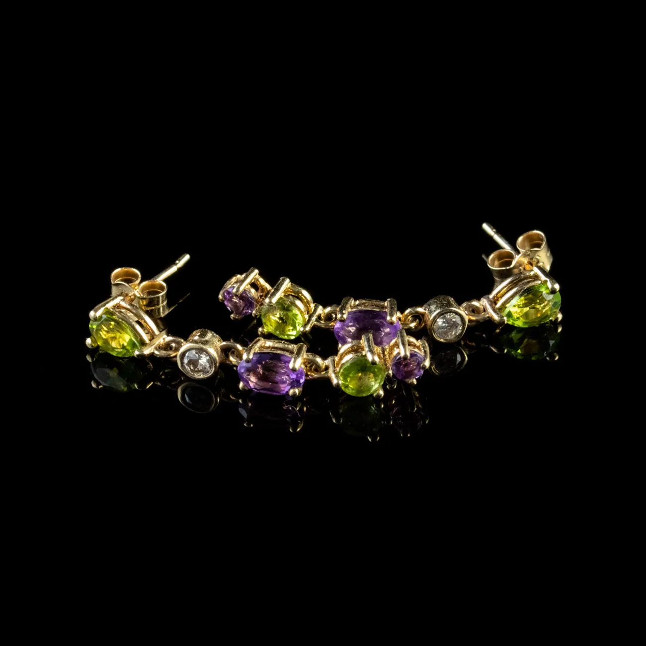 Suffragette Drop Earrings Amethyst Peridot Diamond 9Ct Gold