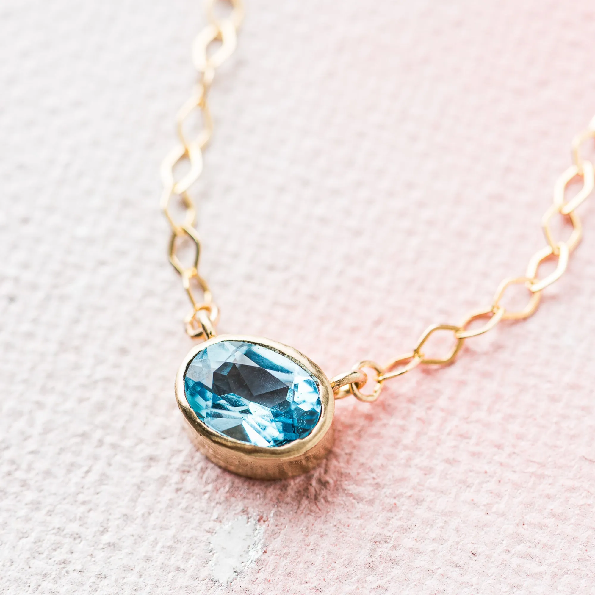 Swiss Blue Topaz East-West Necklace on Rhombus Chain in 14k Gold