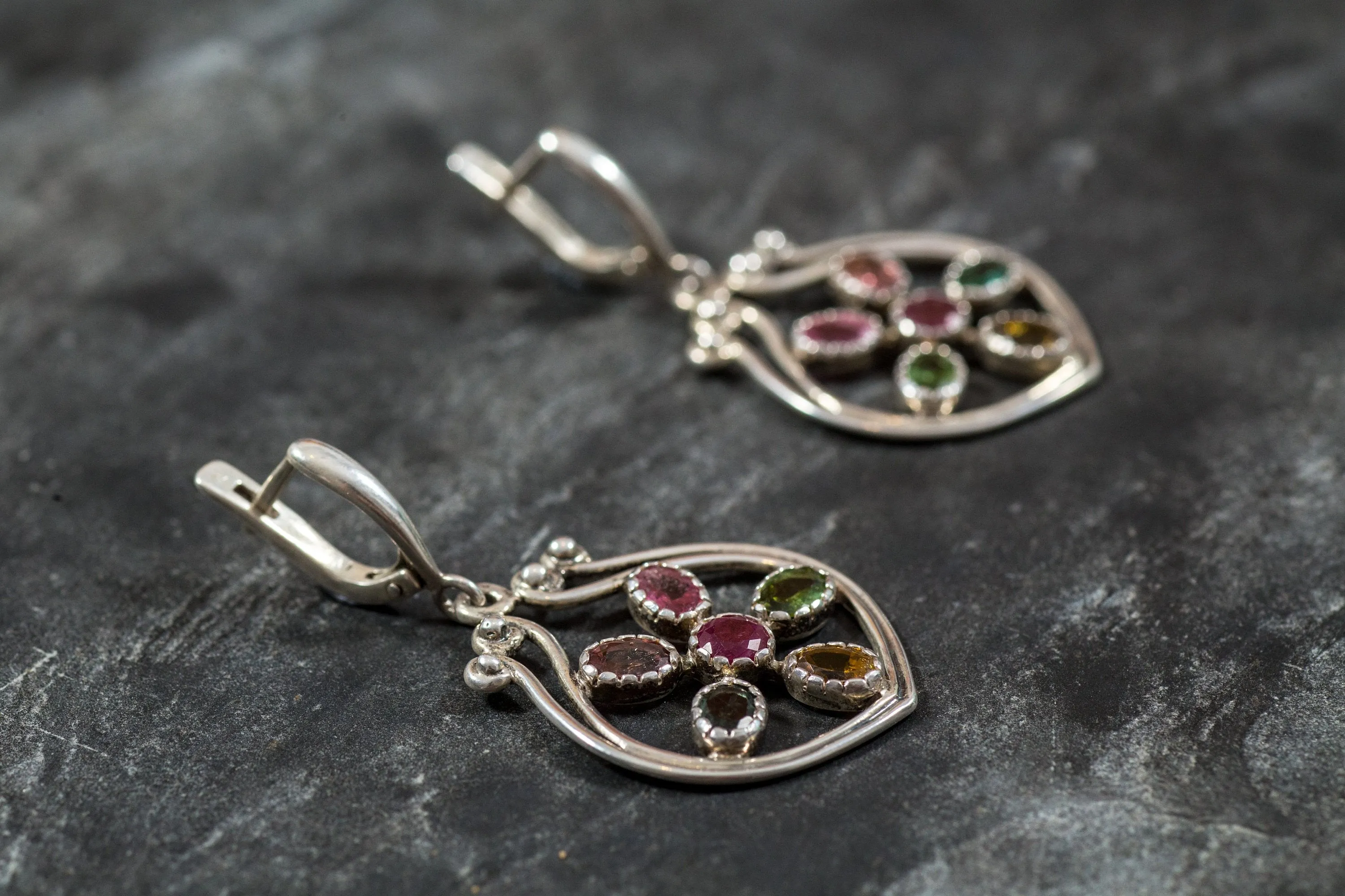 Tourmaline Earrings, Yellow Tourmaline, Green Tourmaline, Pink Tourmaline, Flower Earrings, October Birthstone, Silver Earring, Tourmaline