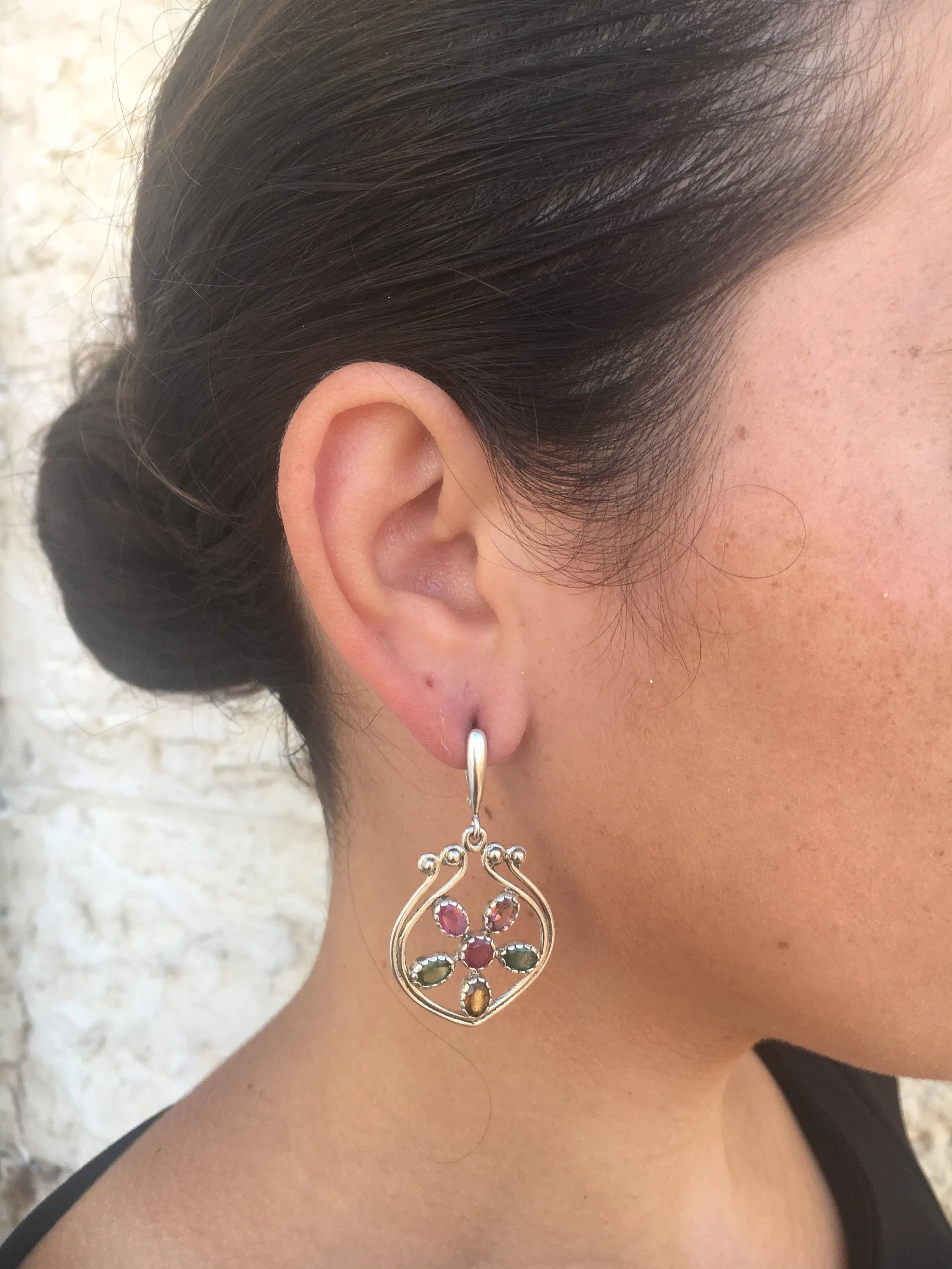 Tourmaline Earrings, Yellow Tourmaline, Green Tourmaline, Pink Tourmaline, Flower Earrings, October Birthstone, Silver Earring, Tourmaline