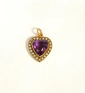 Victorian 9ct Gold, Amethyst Heart Pendant with Seed Pearls