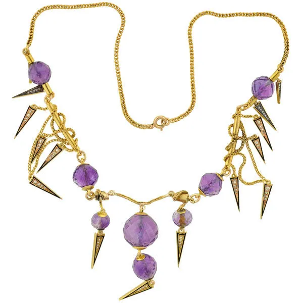 Victorian Amethyst & Diamond Enameled Festoon Necklace