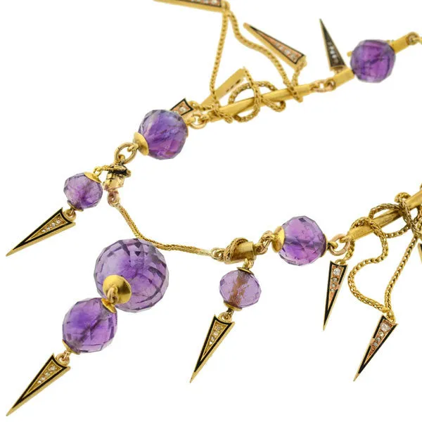 Victorian Amethyst & Diamond Enameled Festoon Necklace