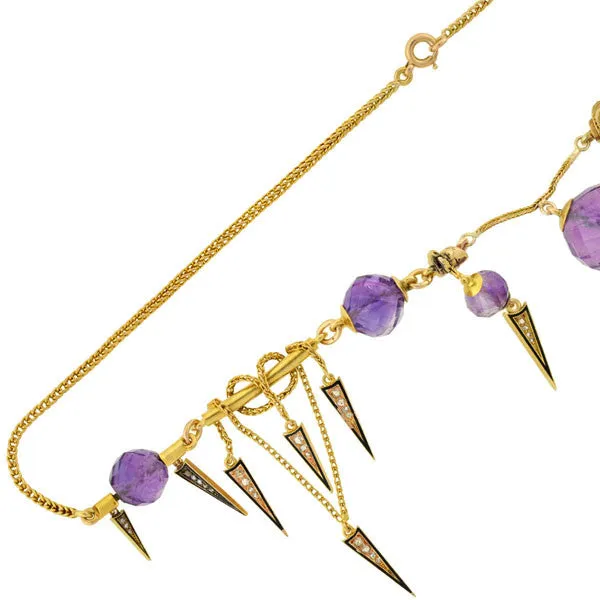 Victorian Amethyst & Diamond Enameled Festoon Necklace