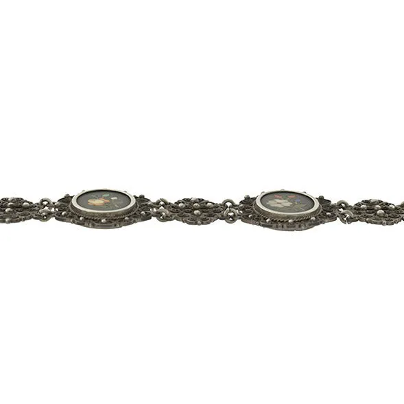 Victorian Silver Pietra Dura Floral Filigree Link Bracelet