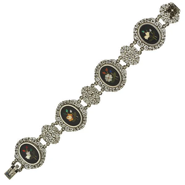 Victorian Silver Pietra Dura Floral Filigree Link Bracelet