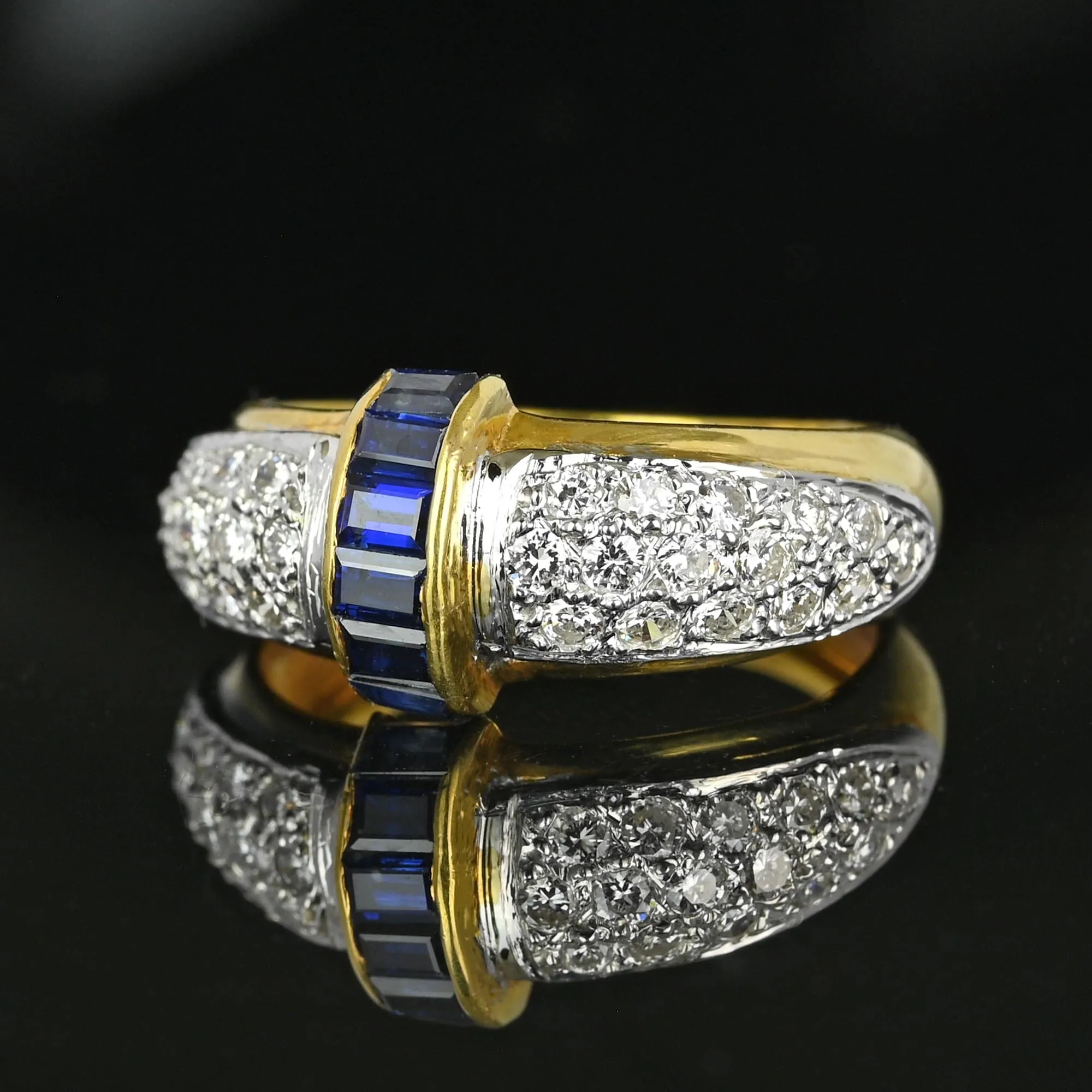 Vintage 18K Gold Roll Top Sapphire Diamond Ring Band