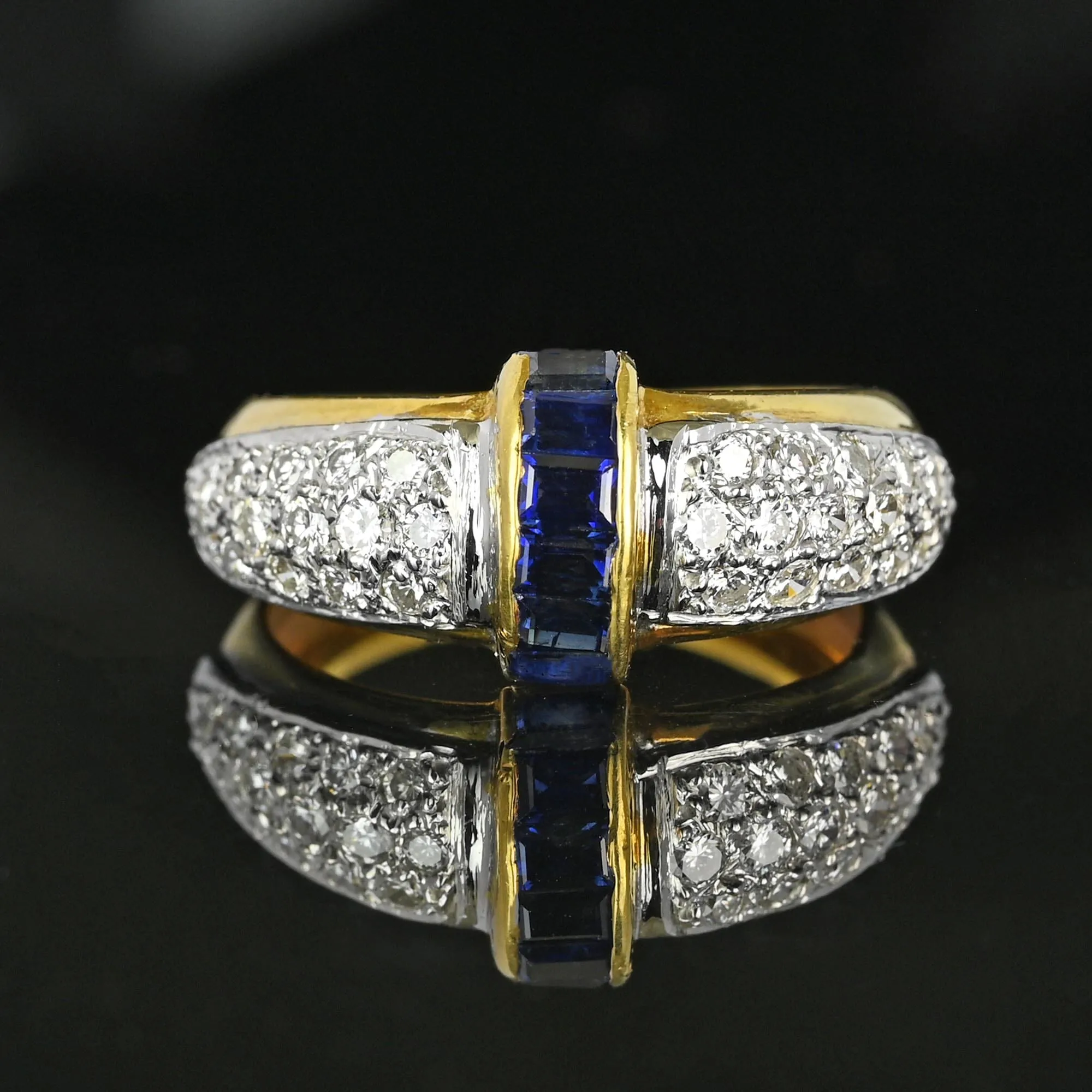 Vintage 18K Gold Roll Top Sapphire Diamond Ring Band