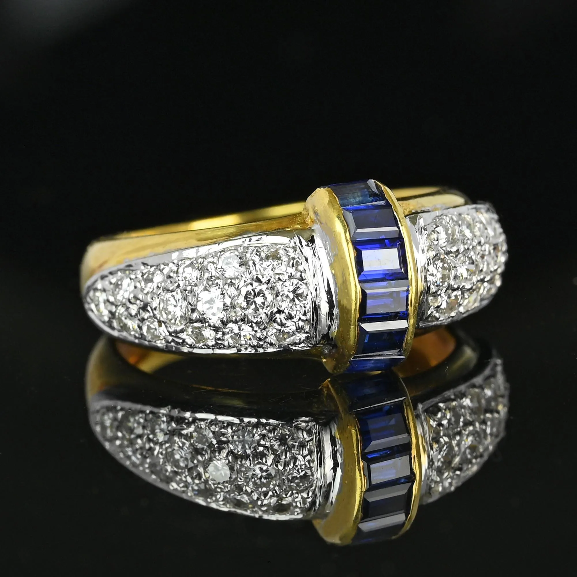 Vintage 18K Gold Roll Top Sapphire Diamond Ring Band