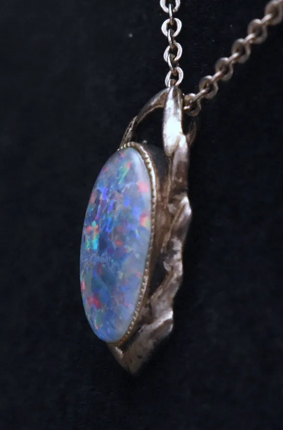 Vintage Blue Opal Triplet Sterling Silver Pendant Necklace - 18.125"