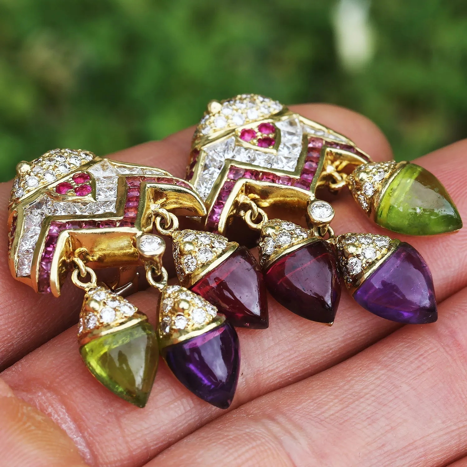 Vintage Cabochon Gemstone Chandelier Earrings with Diamonds